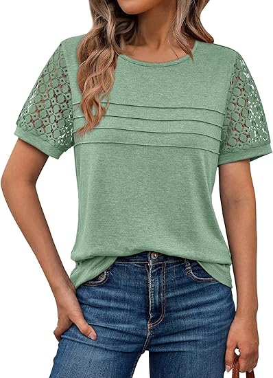 Women's Short Sleeve Shirts Dressy Lace Summer Tops 2026 Spring Trendy Casual T-Shirts Cute Work Outfits Blouses